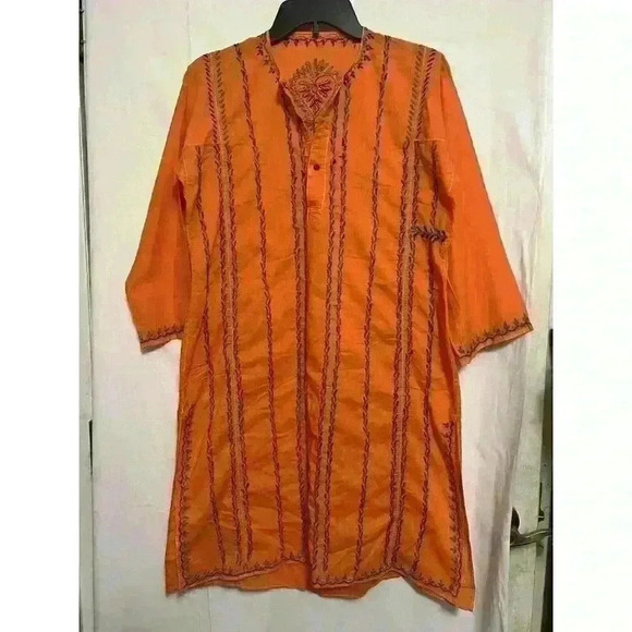 Handmade Other - Orange Women Kurti Kurta Ethnic Sz Small Embroidered Tunic Dress Indian 0068